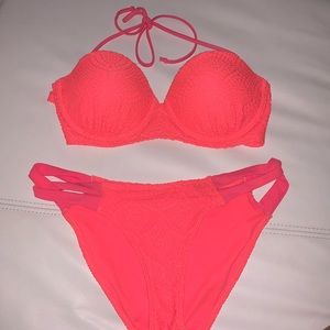 Bright Pink Hollister Crotchet Bathing Suit Set